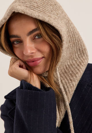 Wool Blend Knitted Balaclava Beige
