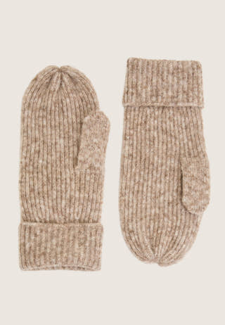Wool Blend Knitted Mittens Beige