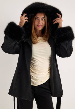 Hooded Wool Blend Coat Black