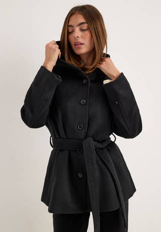 Hooded Wool Blend Coat Black