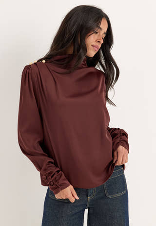 Satin Button Detail Blouse Red