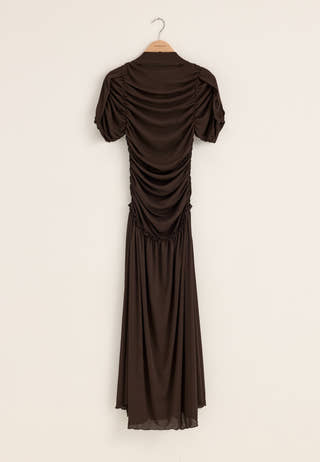 Draped Ruched Ankle Dress Brown