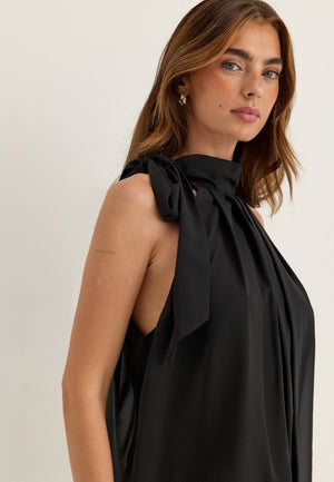 High Collar Tie Blouse Black