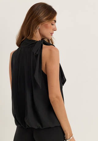 High Collar Tie Blouse Black