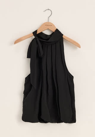 High Collar Tie Blouse Black