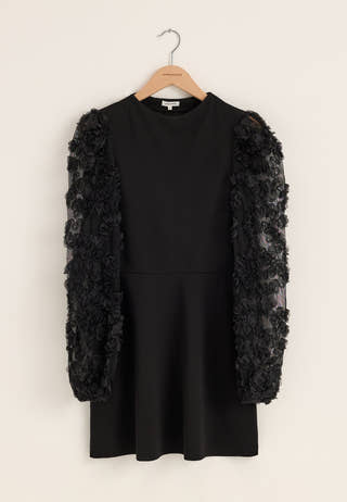 3D Floral Sleeve Dress Black