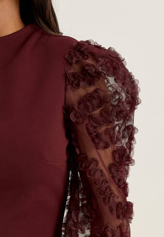 3D Floral Sleeve Dress Red