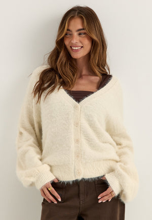 Fluffy Knitted V-neck Cardigan White
