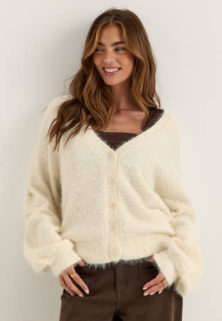 Fluffy Knitted V-neck Cardigan White