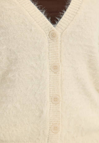 Fluffy Knitted V-neck Cardigan White