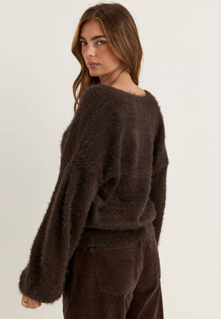 Fluffy Knitted V-neck Cardigan Brown