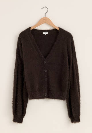 Fluffy Knitted V-neck Cardigan Brown