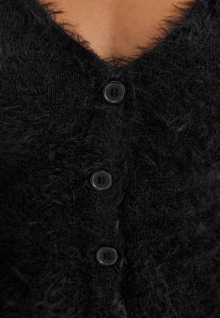 Fluffy Knitted V-neck Cardigan Dress Black