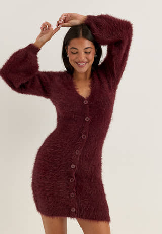 Fluffy Knitted V-neck Cardigan Dress Red