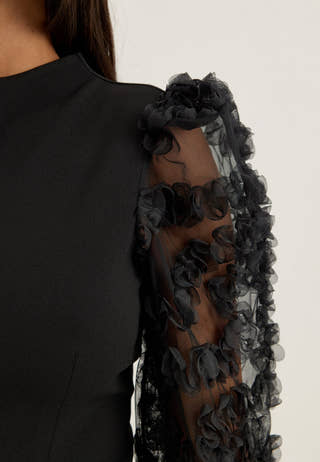 3D Floral Sleeve Top Black