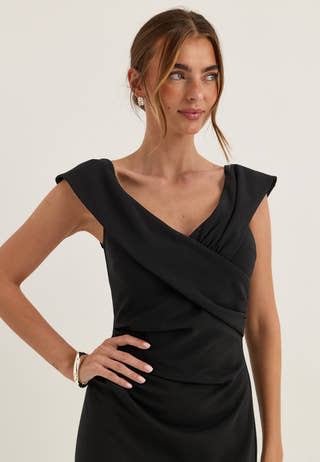 Off Shoulder Pleat Gown Black