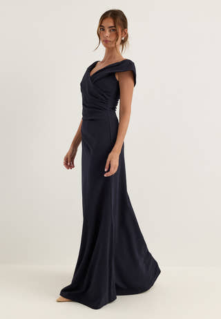 Off Shoulder Pleat Gown Blue