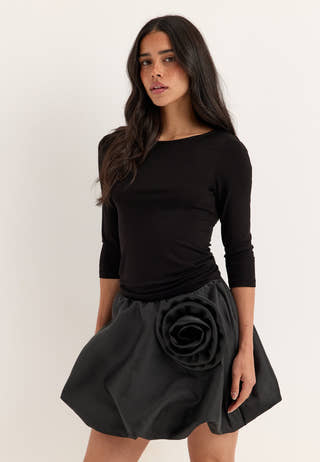 Rose Bubble-Hem Satin Mini Skirt/Top Black
