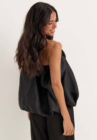 Rose Bubble-Hem Satin Mini Skirt/Top Black