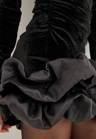 Velvet Ruffle-Hem Short Dress Black