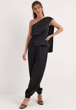 Satin One Shoulder Blouse Black
