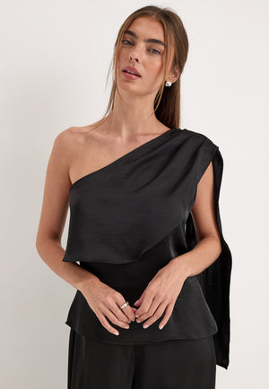Satin One Shoulder Blouse Black