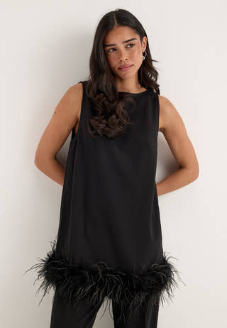 Feather-Hem Sleveless Tunic Black