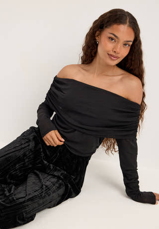Fold-down Velvet Balloon-Hem Jumpsuit Black