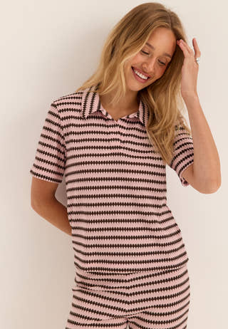Pcjeya Ss V-neck Loose Polo Striped