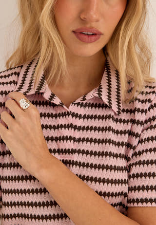 Pcjeya Ss V-neck Loose Polo Striped