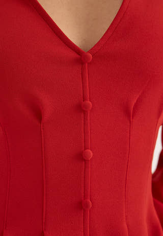 Mini Button Balloon Dress Red