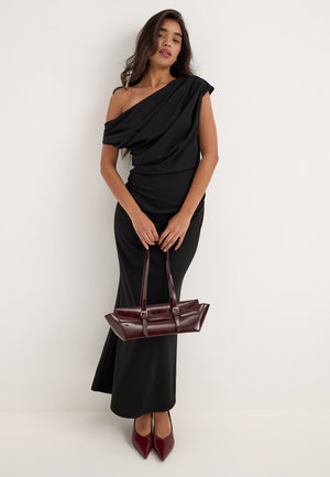 Asymmetric Draped Midi Dress Black