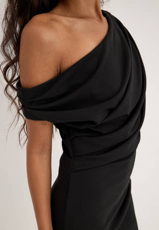 Asymmetric Draped Midi Dress Black