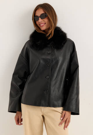 Fur Collar PU Jacket Black