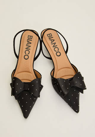 Biakristin Kitten Heel Bow Slingback Rhinestone Satin Black