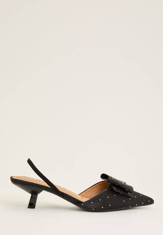 Biakristin Kitten Heel Bow Slingback Rhinestone Satin Black