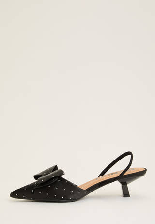 Biakristin Kitten Heel Bow Slingback Rhinestone Satin Black