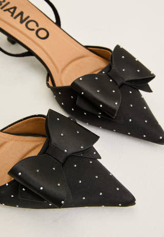 Biakristin Kitten Heel Bow Slingback Rhinestone Satin Black