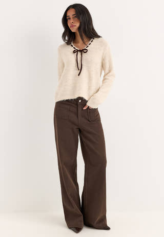 Vinaye V-neck L/S DETAIL KNIT TOP Beige