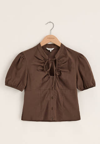 Ruched Keyhole Shirt Brown