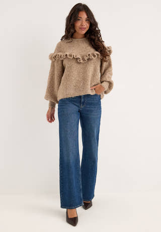 Pcatherine Ls O-neck Short Frill Knit Beige