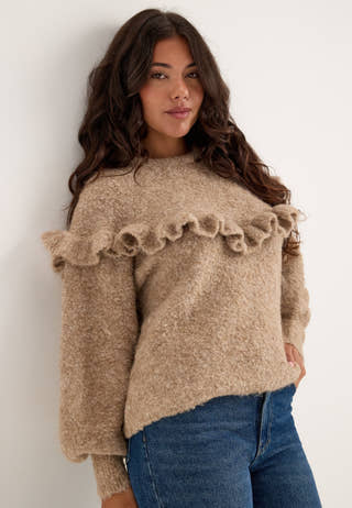 Pcatherine Ls O-neck Short Frill Knit Beige