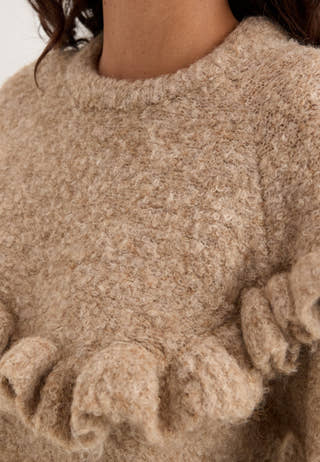 Pcatherine Ls O-neck Short Frill Knit Beige