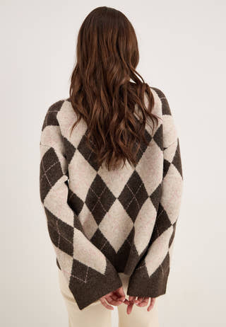 Pcalva Ls Loose O-neck Check Knit Brown