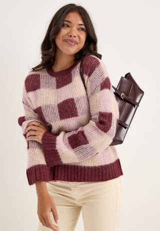 Slwlulu Loose Ls Check Knit O-neck Red