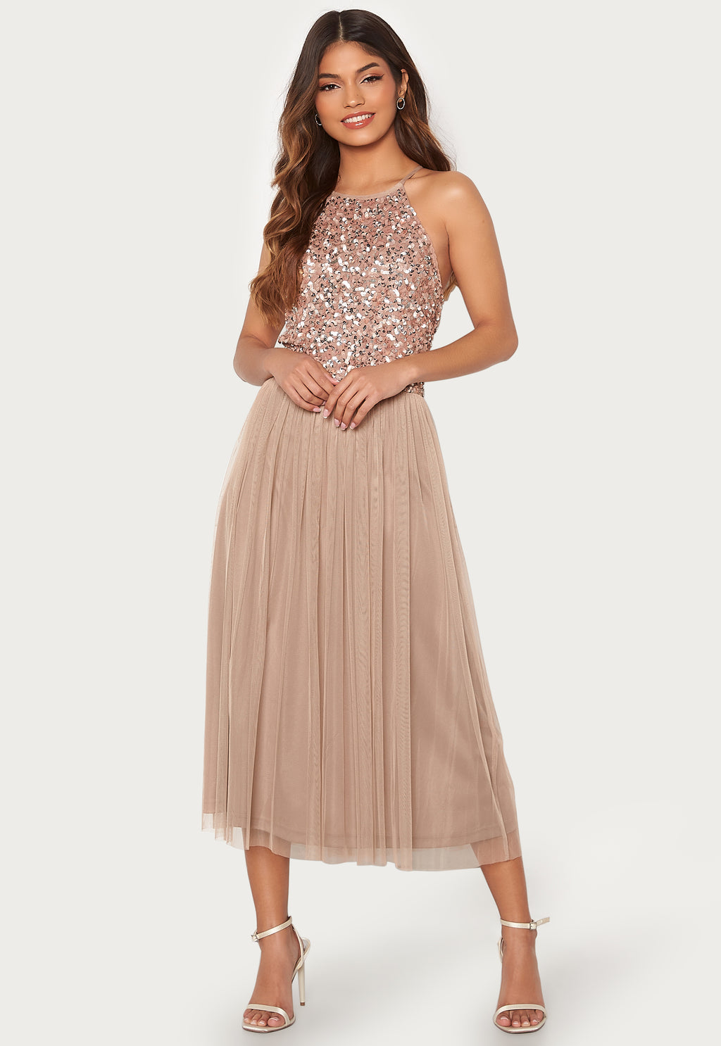 Angeleye – High Neck Sequin Midi Dress – campaign-outlet – Beige