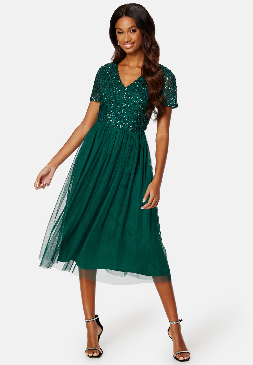 angeleye sequin wrap cocktail midi dress product info and reviews Sequin Faux Wrap Long Sleeves Cocktail Midi Dress in Black Silver | ANGELEYE