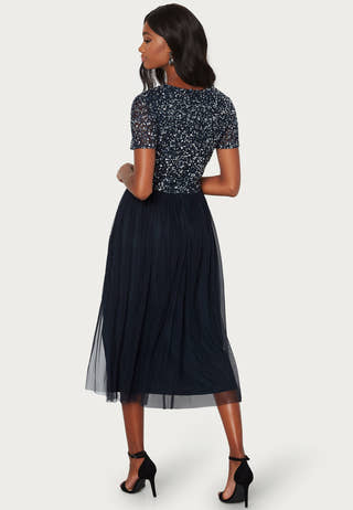 Short Sleeve Sequin Embellished Midi Dress