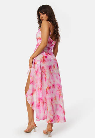 bardot sorella printed midi dress Bardot Sorella Printed Satin V-Neck Draped Asymmetric Ruffle Midi Dress