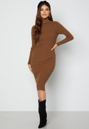 Roll Neck Rib Knit Midi Dress